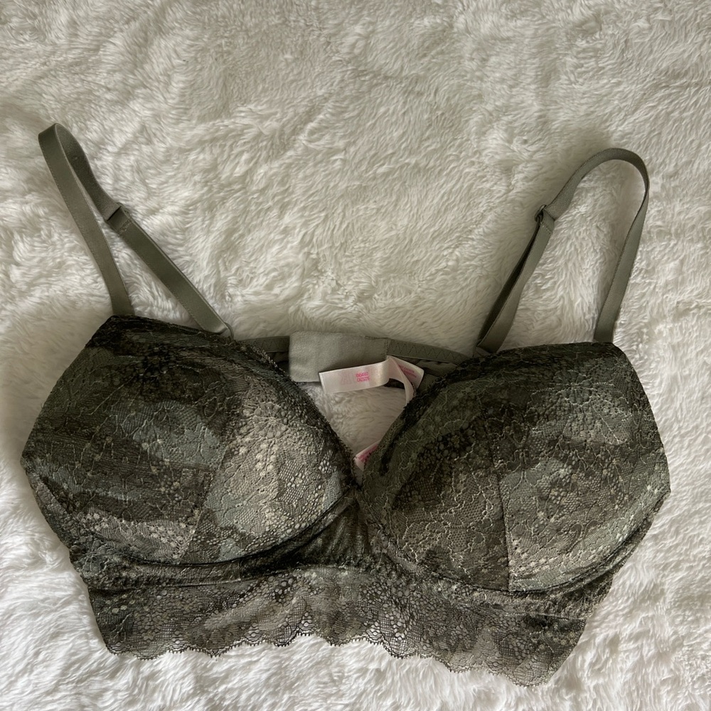 PINK Victoria’s Secret Olive Green Lace Push Up Longline Bra 36D
